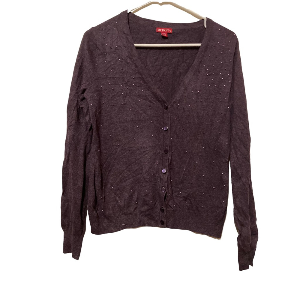 Merona Womens Cardigan Sweater Purple Long Sleeve V Neck Ribbed Hem Beads M